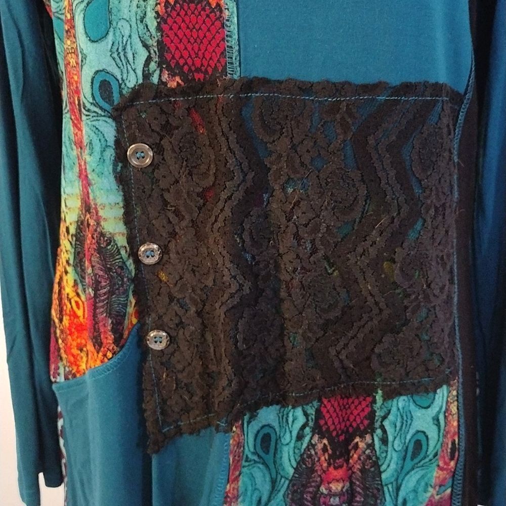 VTG Turquoise Multimedia Patchwork Long Sleeve Fa… - image 6